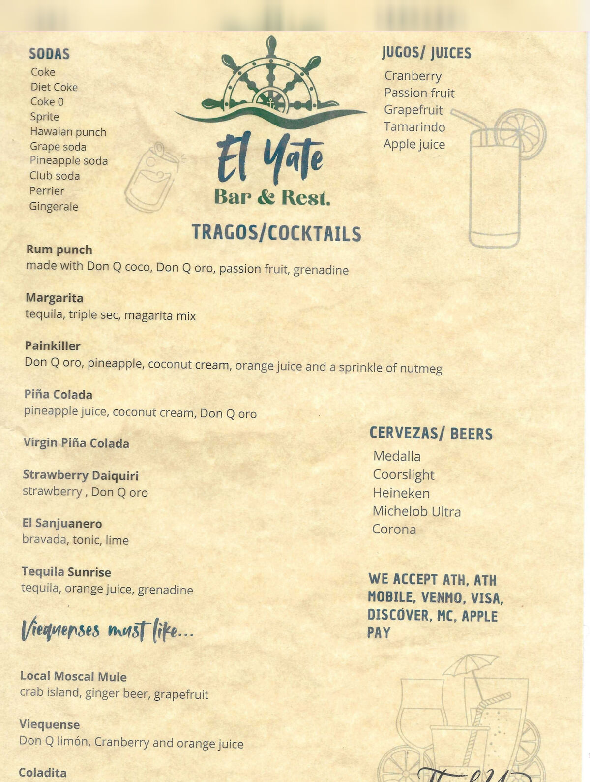 El Yate drinks menu — sodas, juices, tragos, cocktails, cervezas