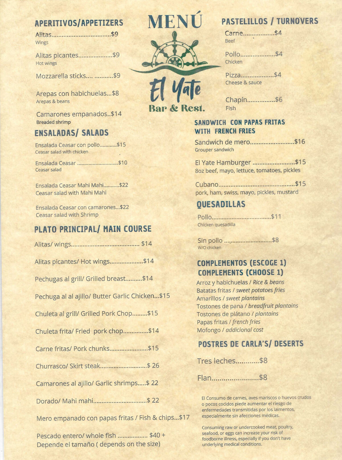 El Yate food menu — appetizers, salads, main course, sandwiches, desserts