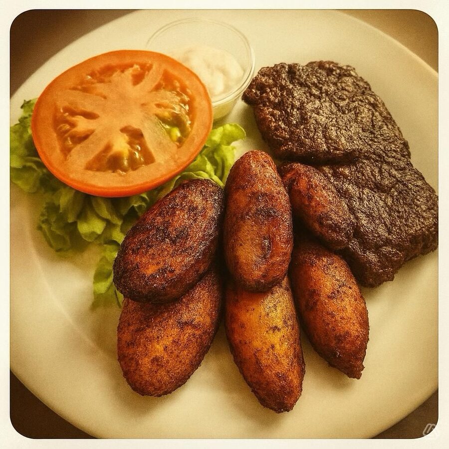 Steak with fried sweet plantains and salad at El Yate Vieques