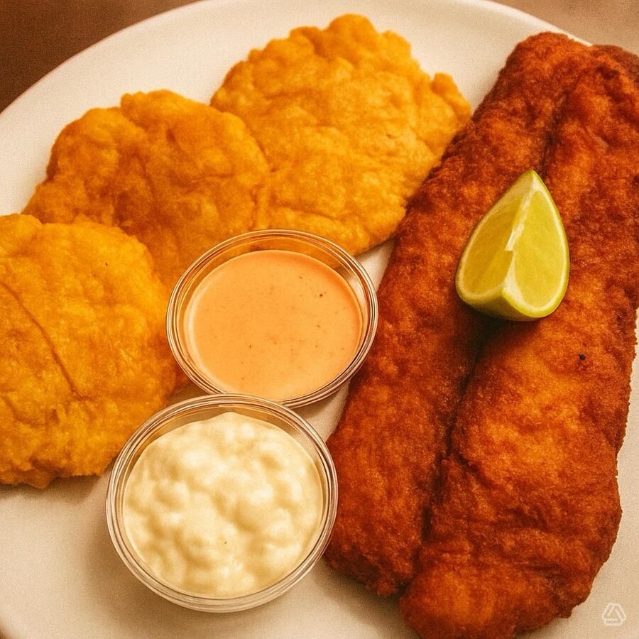 Fried fish fillet with corn fritters and dipping sauces at El Yate Vieques