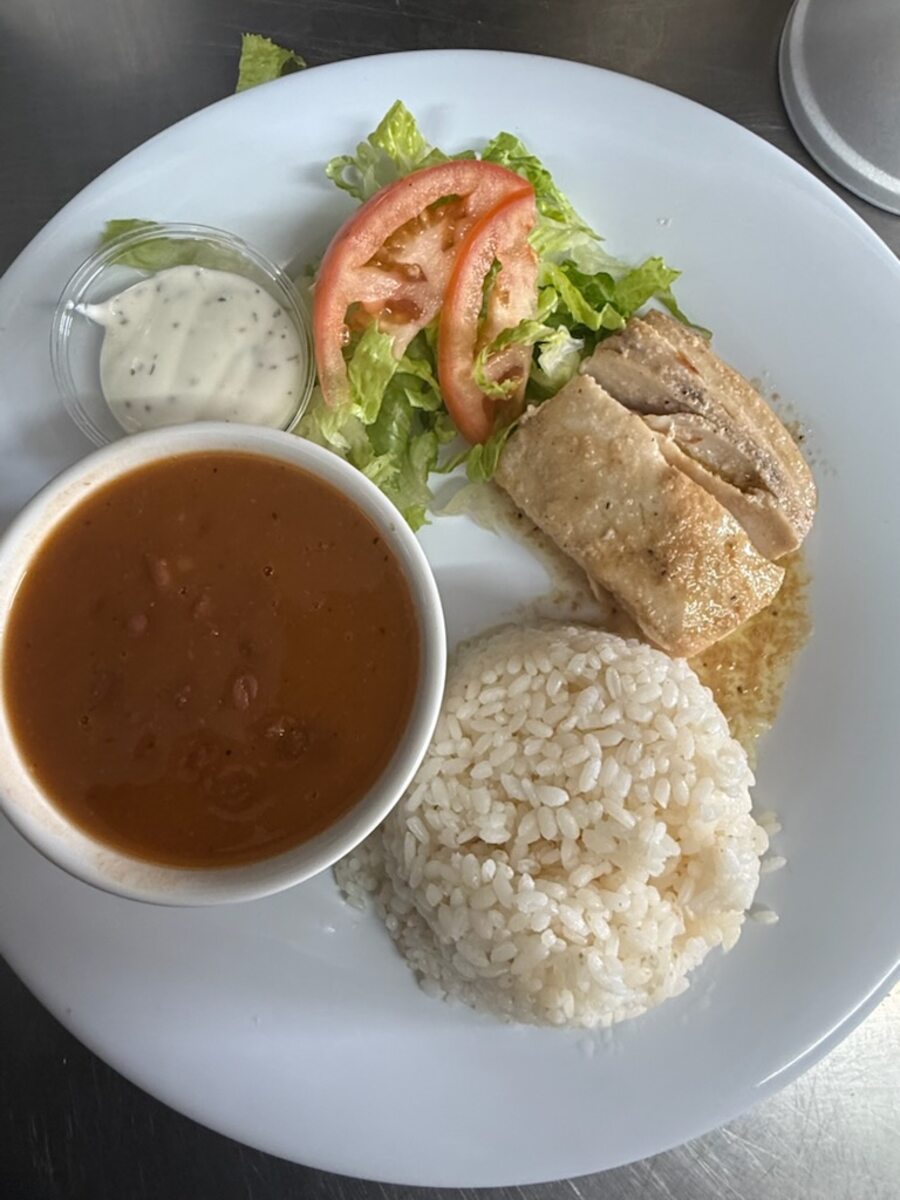 Grilled chicken with rice, beans and salad at El Yate Vieques